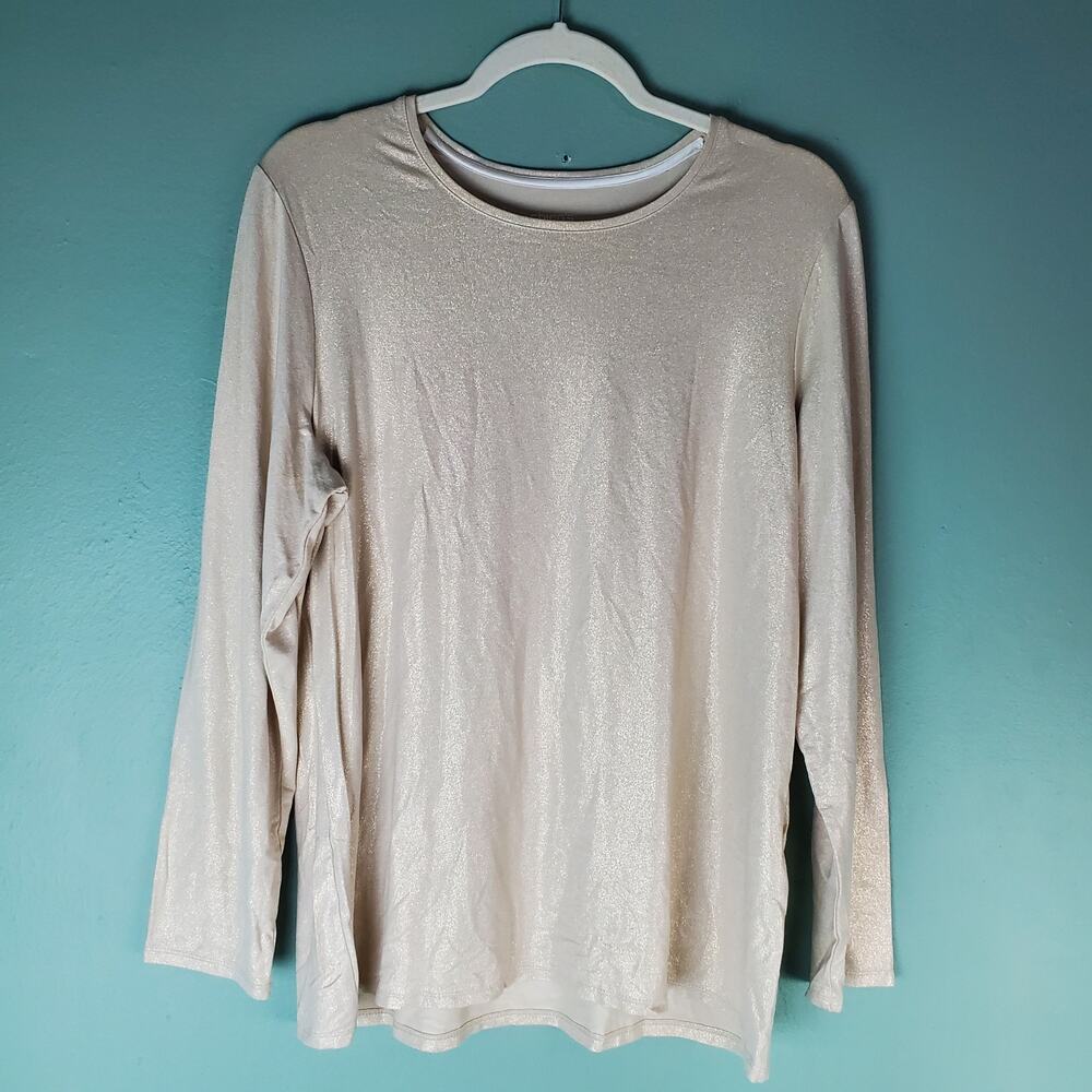 Chicos Womens The Ultimate Tee Knit Top Gold Foil Long Sleeve Crew-Neck Size 2